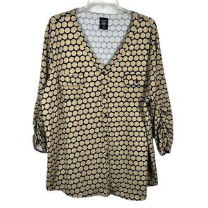George Women's Plus Size No-Iron Slinky Stretch Knit Beige Polka Dot Henley Top
